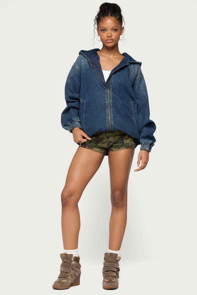 Hooded Vintage Washed Denim Bomber Jacket - Medium Blue