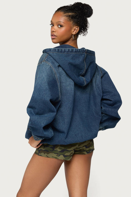 Hooded Vintage Washed Denim Bomber Jacket - Medium Blue