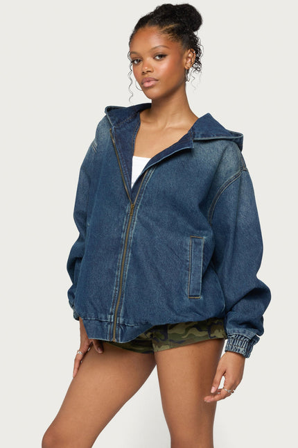 Hooded Vintage Washed Denim Bomber Jacket - Medium Blue