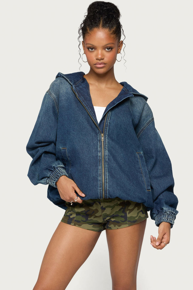 Hooded Vintage Washed Denim Bomber Jacket - Medium Blue