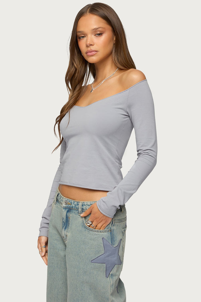 Nattie Off Shoulder V Neck Top - Dark Gray