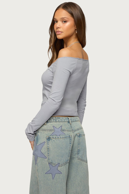 Nattie Off Shoulder V Neck Top - Dark Gray