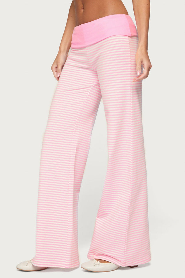 Meggy Striped Foldover Pants - Light Pink And White