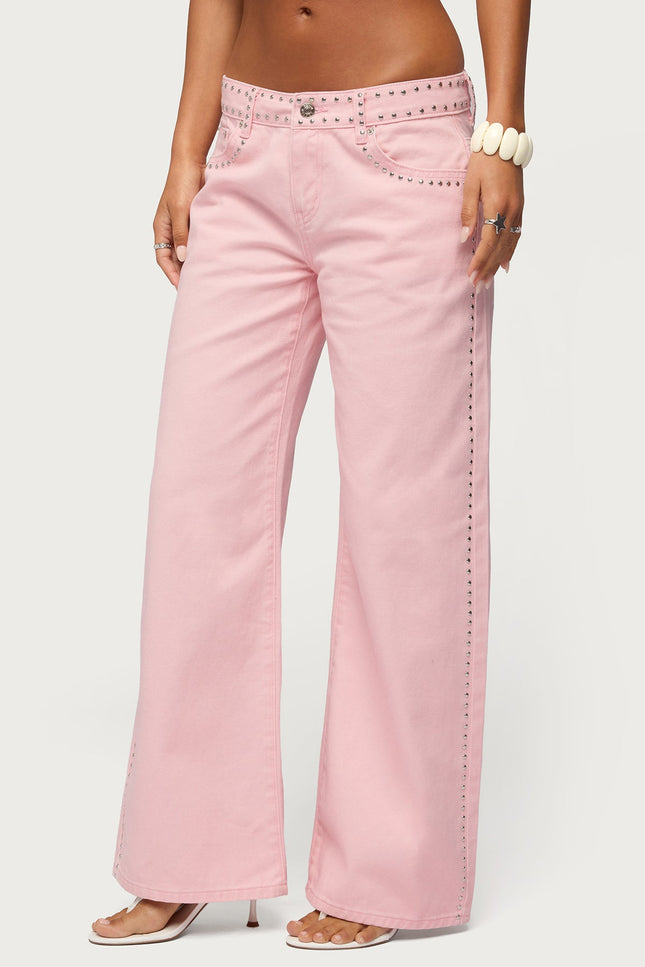 Quincy Studded Low Rise Baggy Jeans - Light Pink