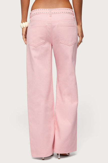 Quincy Studded Low Rise Baggy Jeans - Light Pink