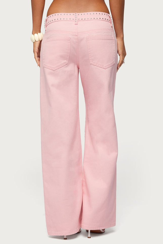 Quincy Studded Low Rise Baggy Jeans - Light Pink