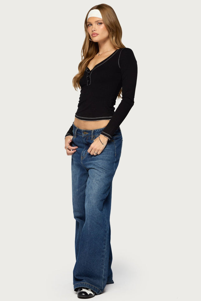 Yael Contrast Stitch Henley Top - Black