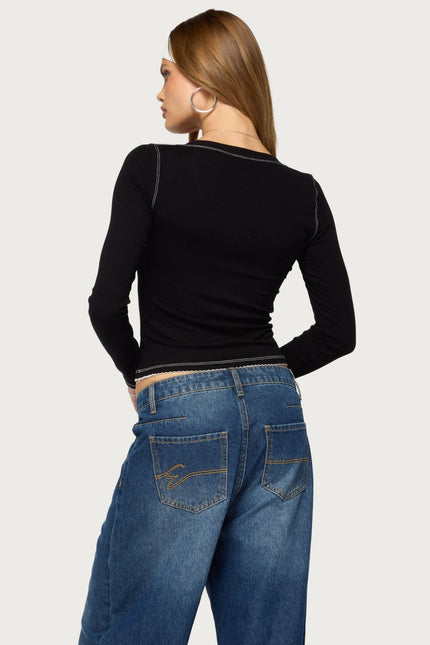 Yael Contrast Stitch Henley Top - Black