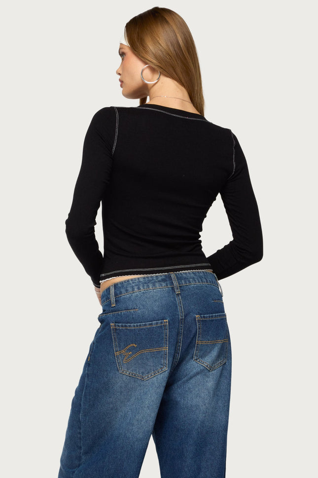 Yael Contrast Stitch Henley Top - Black