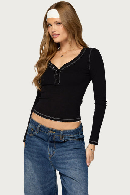 Yael Contrast Stitch Henley Top - Black