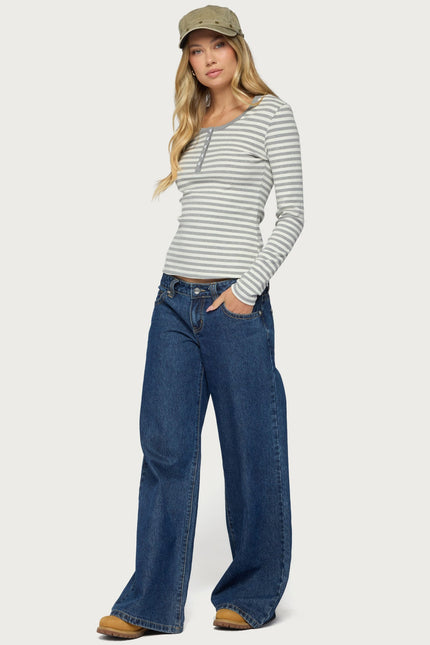 Roma Striped Henley Top - Gray Melange