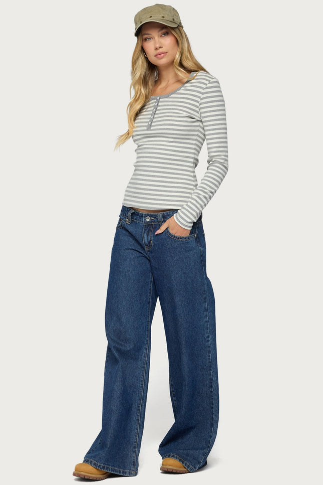 Roma Striped Henley Top - Gray Melange