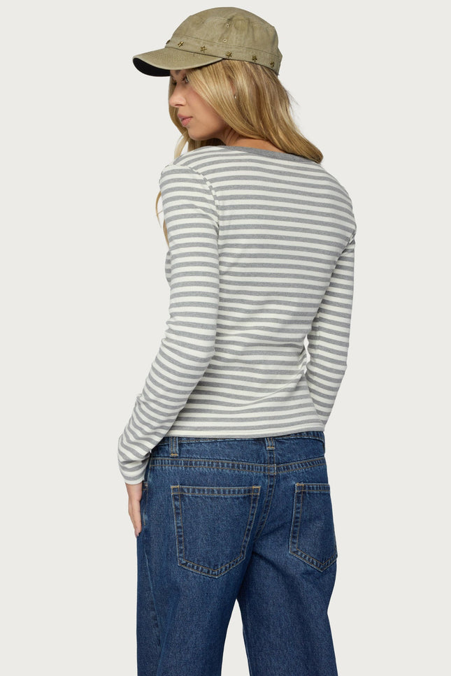 Roma Striped Henley Top - Gray Melange