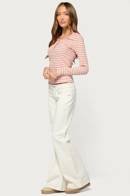 Roma Striped Henley Top - Pink And White