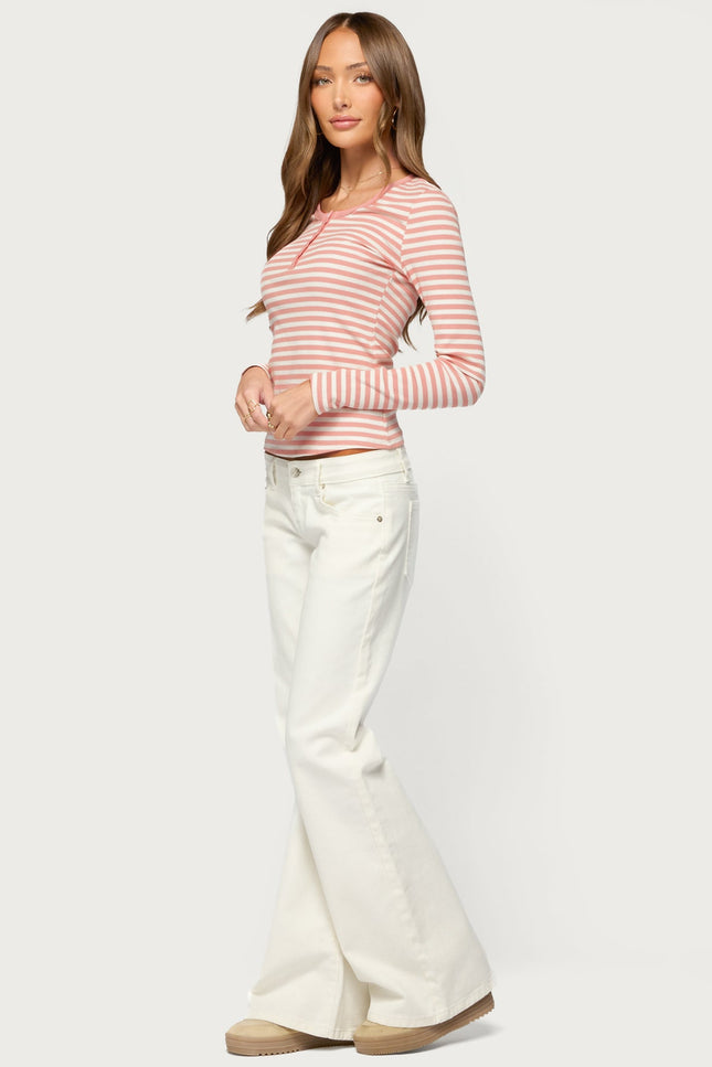 Roma Striped Henley Top - Pink And White