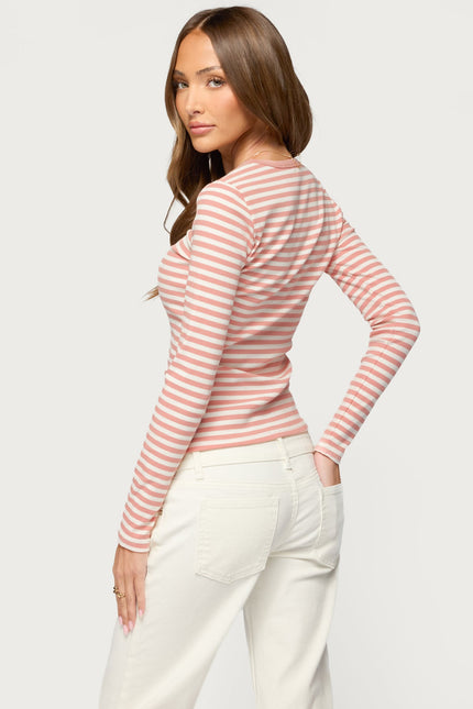Roma Striped Henley Top - Pink And White