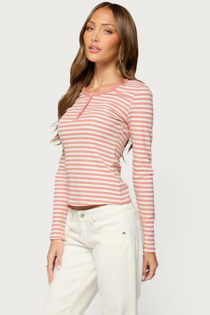 Roma Striped Henley Top - Pink And White