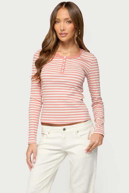 Roma Striped Henley Top - Pink And White