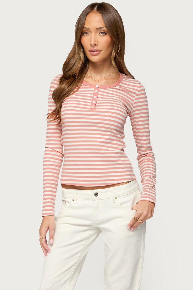 Roma Striped Henley Top - Pink And White