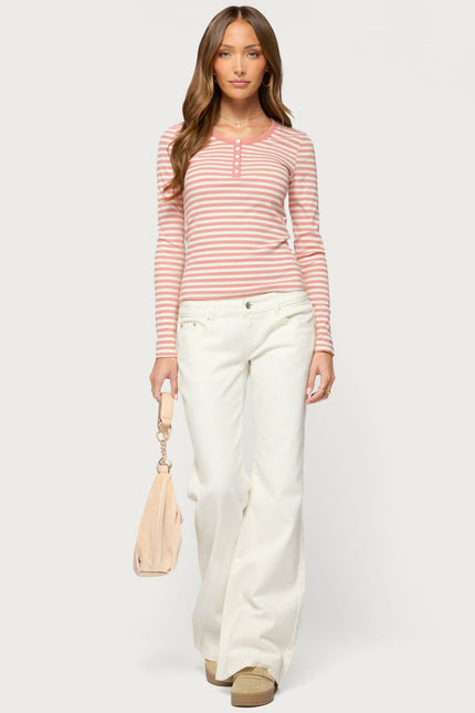 Roma Striped Henley Top - Pink And White