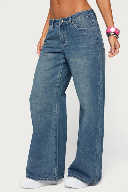 Contrast Stitch Low Rise Baggy Jeans - Medium Blue Washed