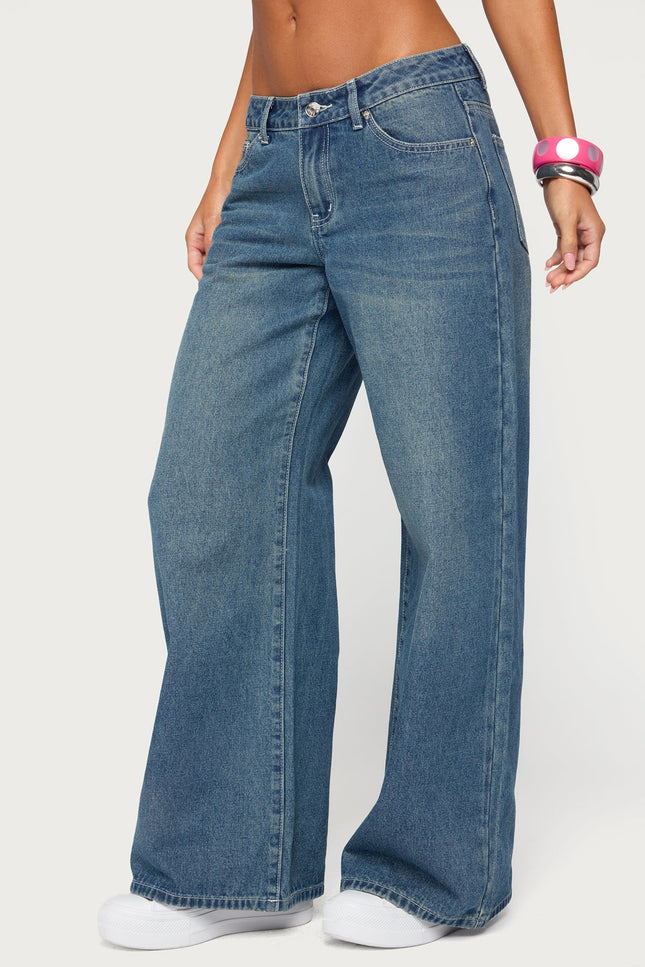 Contrast Stitch Low Rise Baggy Jeans - Medium Blue Washed