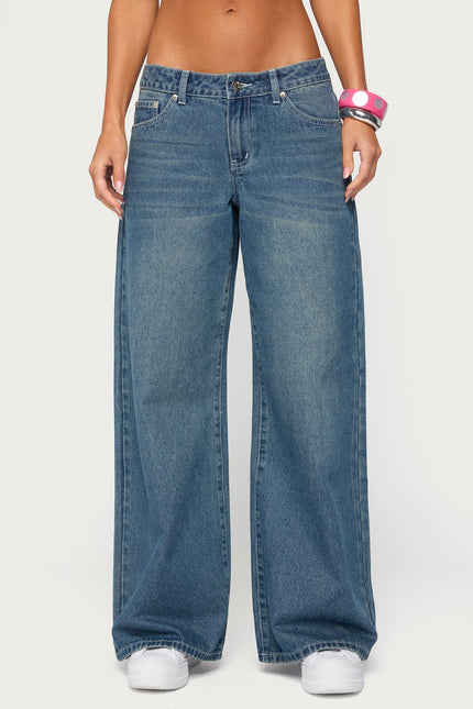 Contrast Stitch Low Rise Baggy Jeans - Medium Blue Washed