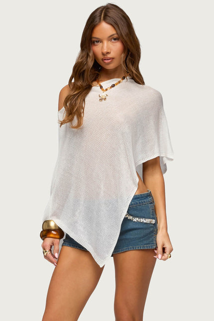 Azalia Asymmetric Knit Poncho - White