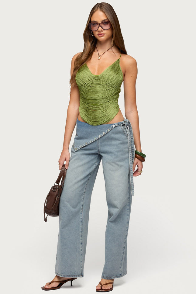Elenie Fringed Cowl Neck Top - Green