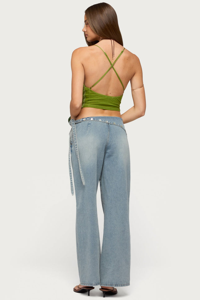 Elenie Fringed Cowl Neck Top - Green