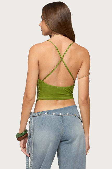 Elenie Fringed Cowl Neck Top - Green
