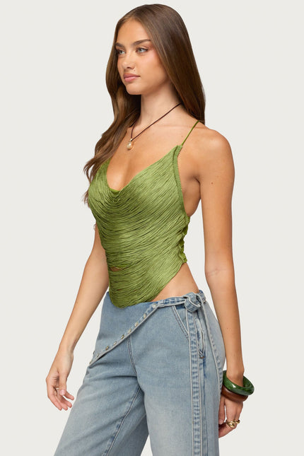 Elenie Fringed Cowl Neck Top - Green