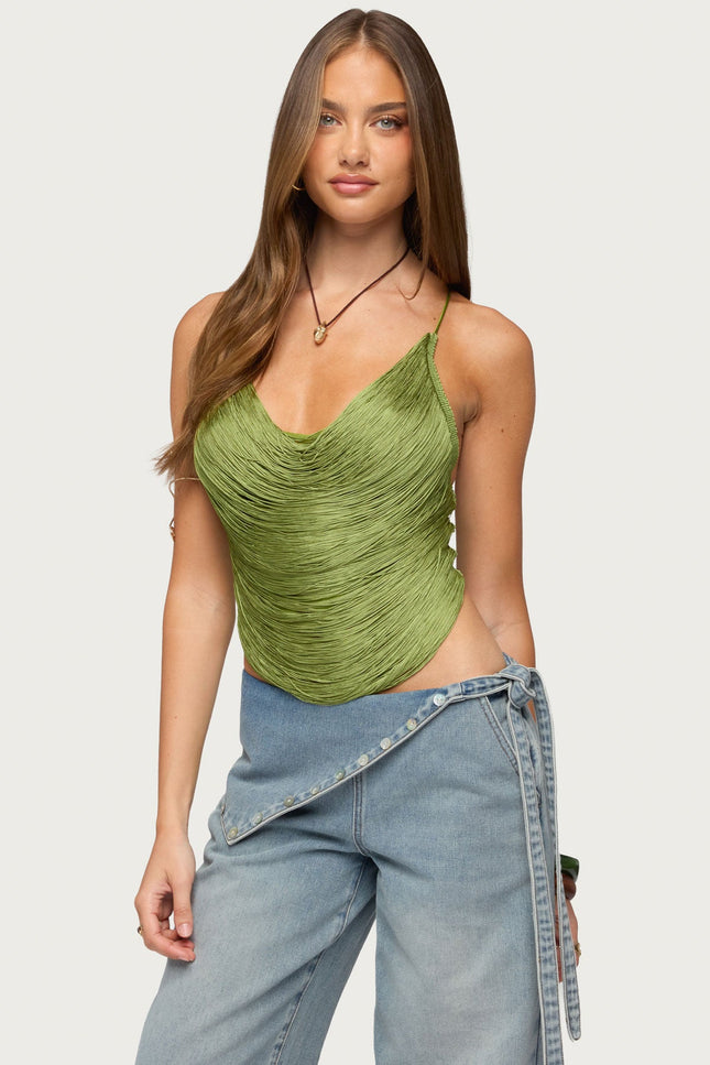 Elenie Fringed Cowl Neck Top - Green