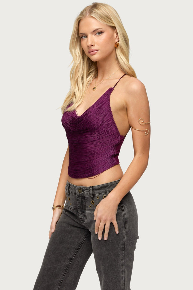 Elenie Fringed Cowl Neck Top - Plum