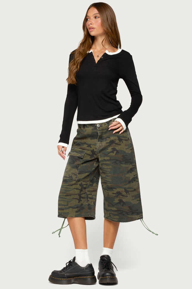 Contrast Layered Look Henley Top - Black