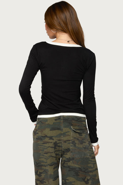 Contrast Layered Look Henley Top - Black
