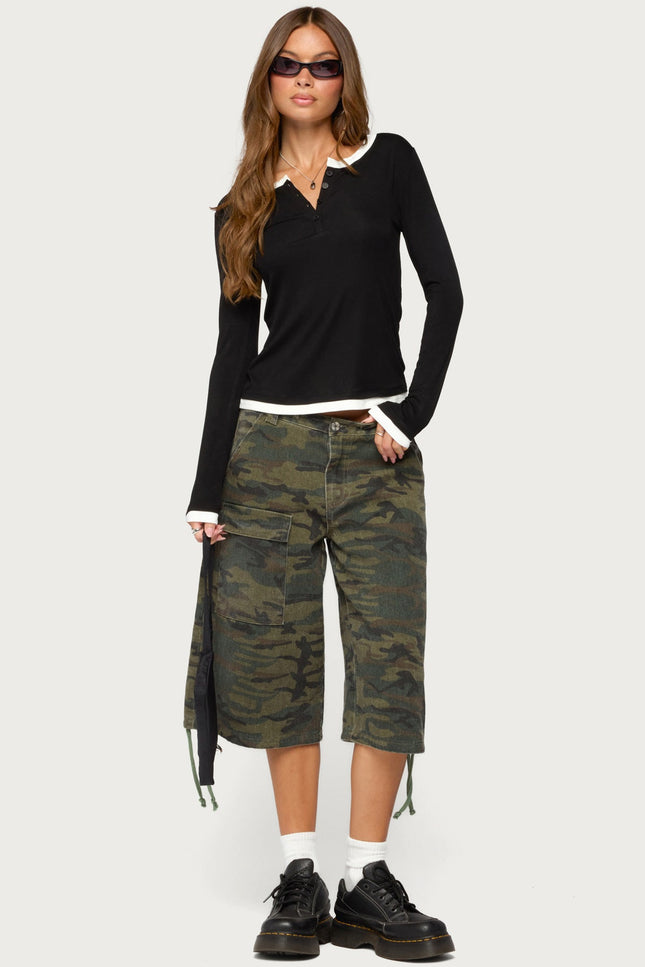 Contrast Layered Look Henley Top - Black