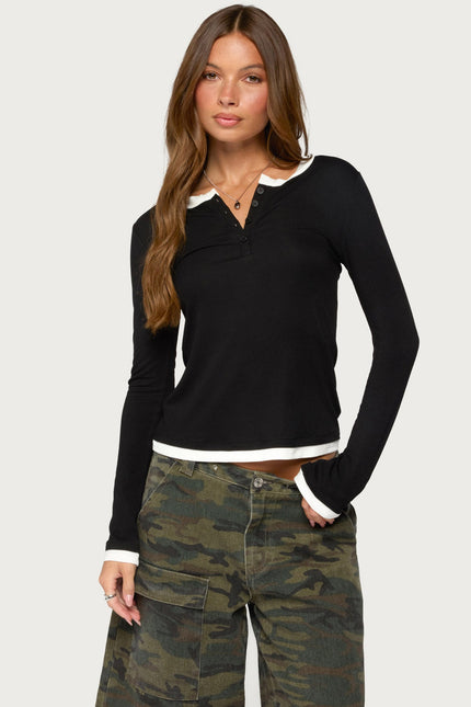 Contrast Layered Look Henley Top - Black