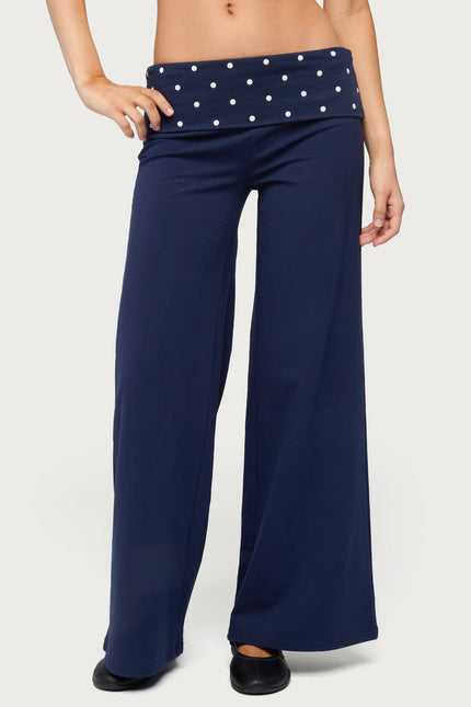 Petite Reeva Polka Dot Foldover Pants - Navy