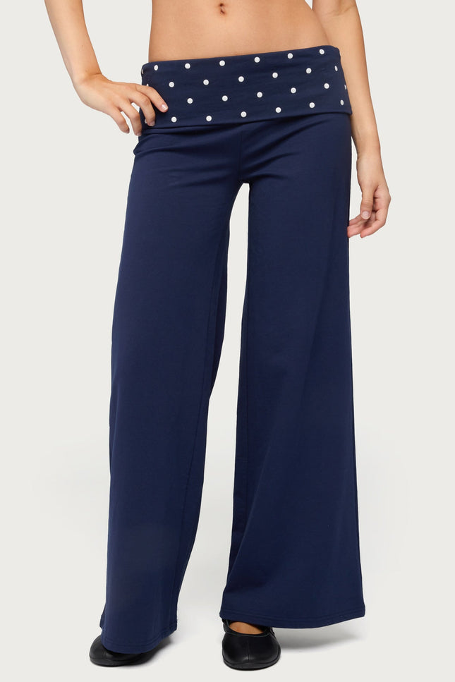 Petite Reeva Polka Dot Foldover Pants - Navy