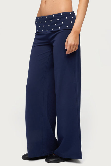 Petite Reeva Polka Dot Foldover Pants - Navy