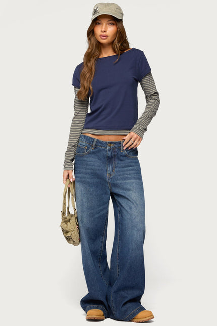 Layered Stripey Long Sleeve T Shirt - Navy