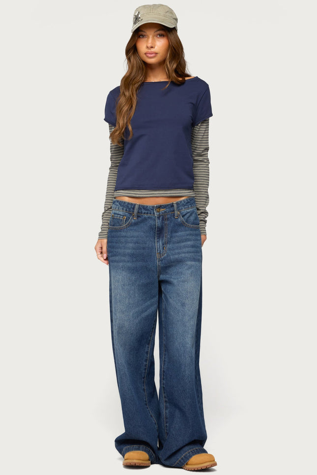 Layered Stripey Long Sleeve T Shirt - Navy