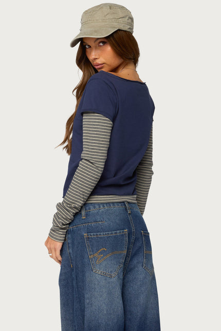 Layered Stripey Long Sleeve T Shirt - Navy