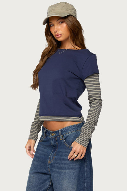 Layered Stripey Long Sleeve T Shirt - Navy