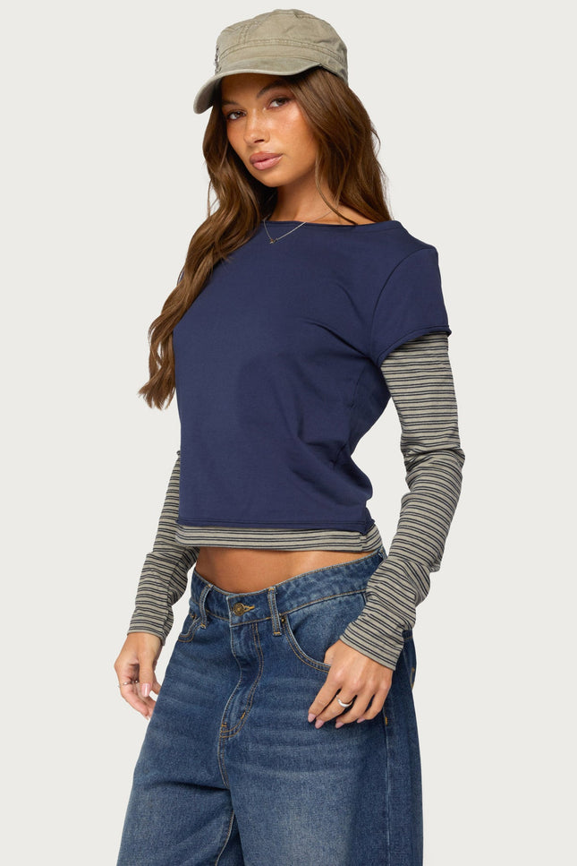 Layered Stripey Long Sleeve T Shirt - Navy