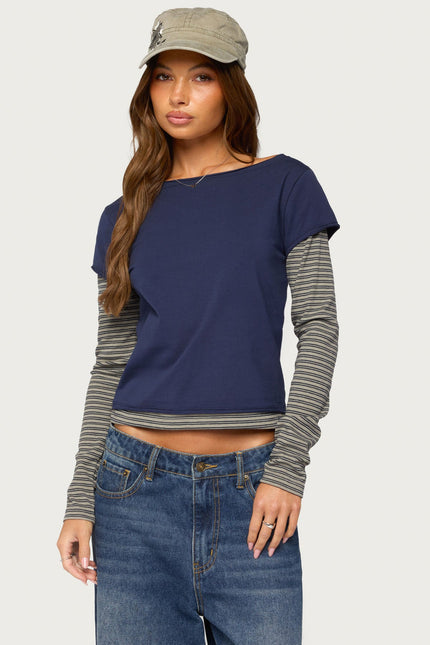Layered Stripey Long Sleeve T Shirt - Navy