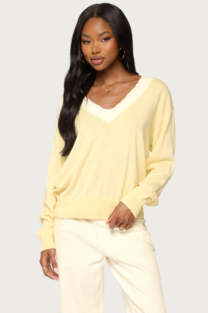 Marie Contrast Lacey V Neck Sweater - Light Yellow
