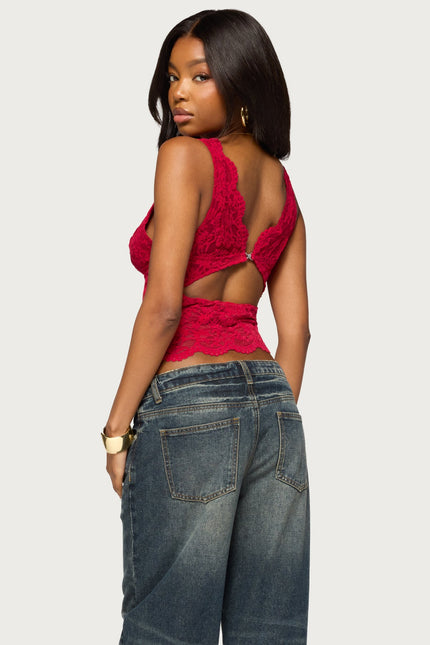 Araura Lace Velvet Floral Top - Red