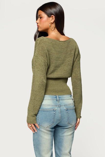 Tezi Boat Neck Light Knit Top - Olive